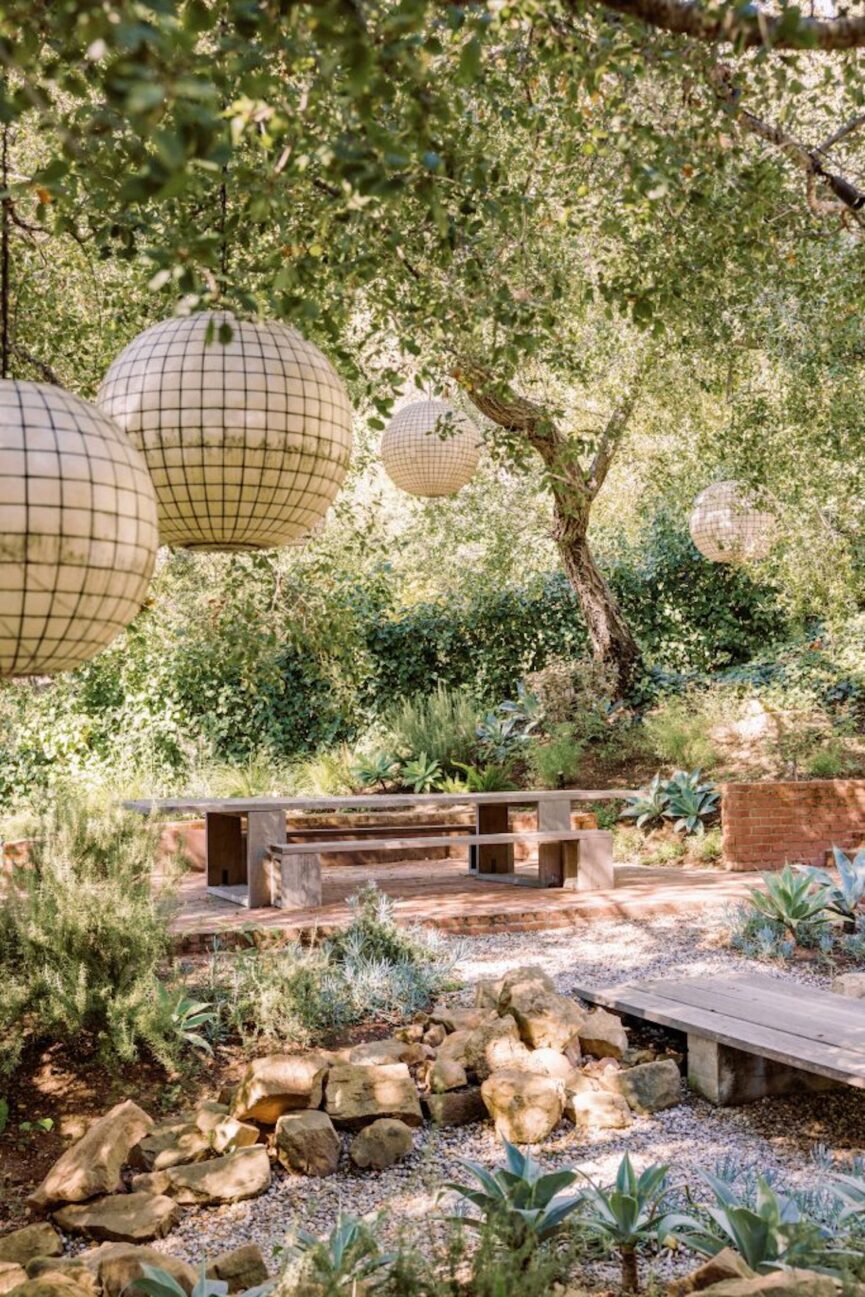 Outdoor backyard with large lanterns.