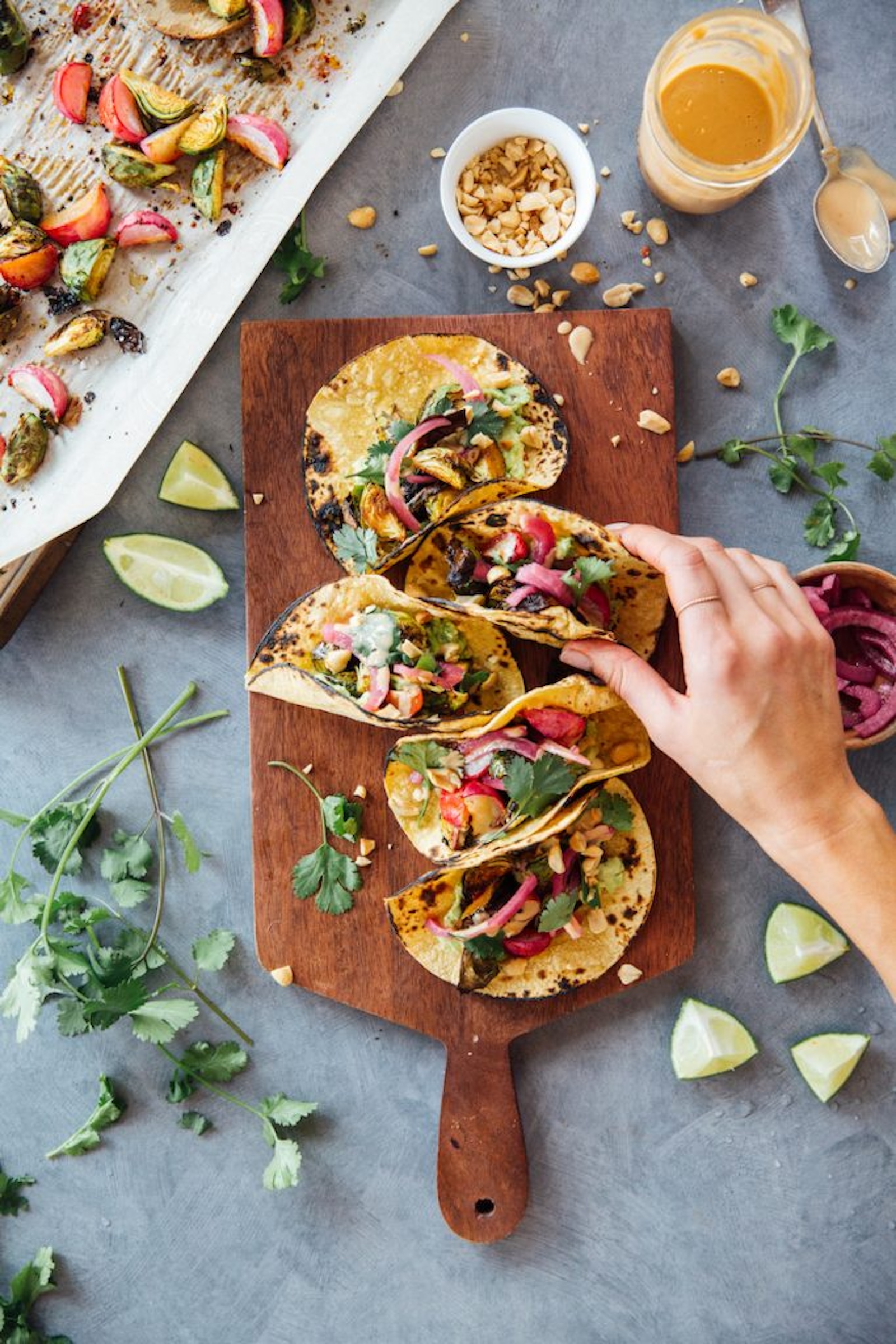 spicy peanut brussels sprout tacos_high protein vegetarian meals